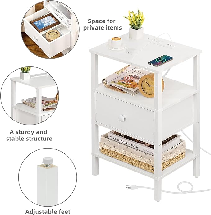 Lerliuo Nightstand with Charging Station and USB Ports, 3-Tier Storage End Table with Drawer Shelf, Night Stand for Small Spaces, Wood Bedside Table for Living Room, Bedroom - Elegant White