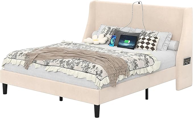 VECELO Full Bed Frame with Upholstered Wingback Headboard, Heavy-Duty Platform Bedframe with Charging Station, Wooden Slats, No Box Spring Needed, Beige