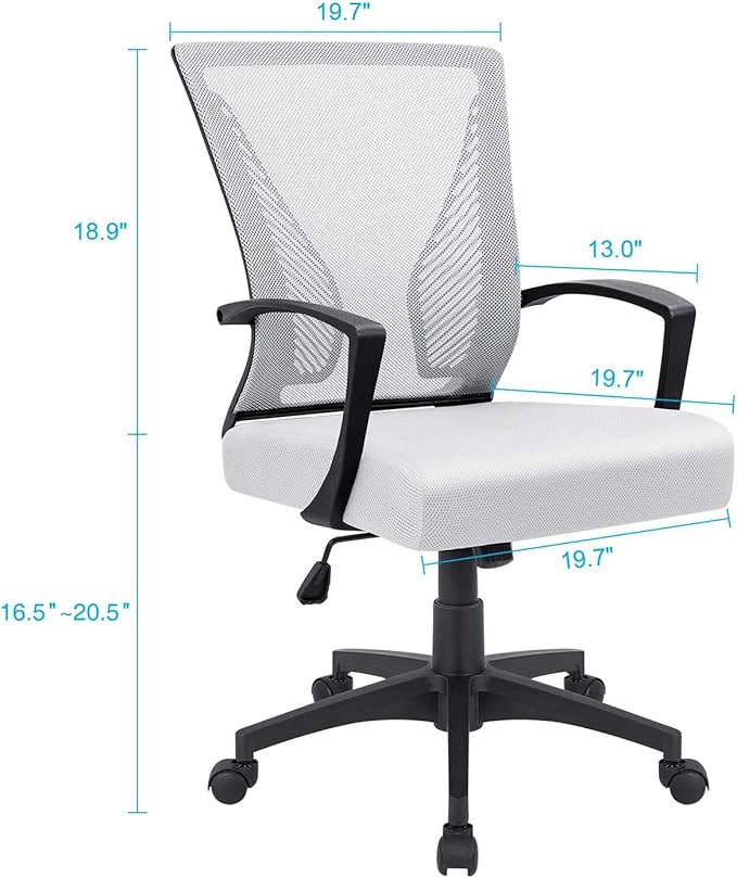 Furmax Office Chair Ergonomic Computer Desk Mesh Chair Mid Back Swivel Lumbar Support with Armrest (1, White)