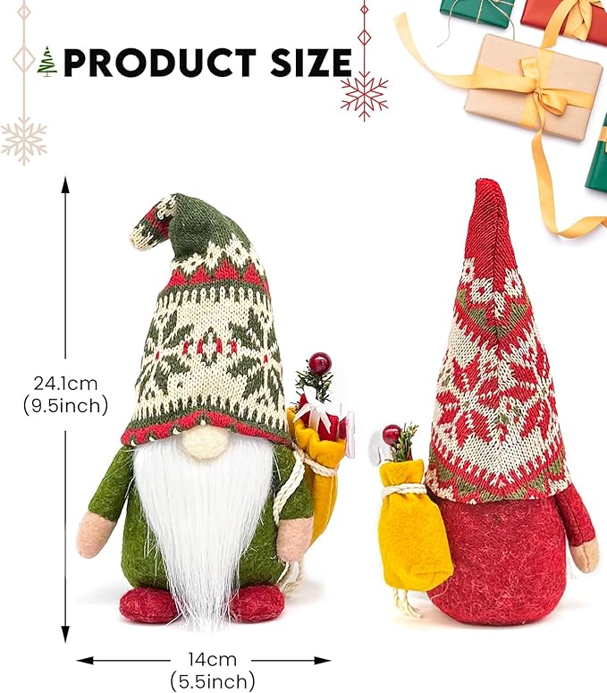 2PCS 9.5 Inch Christmas Gnome Plush Decorations, Handmade Scandinavian Tomte Elf Figurines with Gift, Nordic Xmas Gnome Ornaments for Holiday Home Table Office Decor