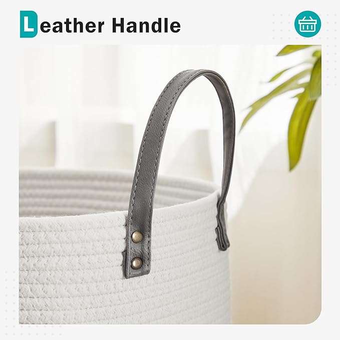 Cotton Rope Laundry Hamper by YOUDENOVA, 58L - Woven Collapsible Laundry Basket - Clothes Storage Basket for Blankets, Laundry Room Organizing, Bedroom Storage, Clothes Hamper – White & Grey