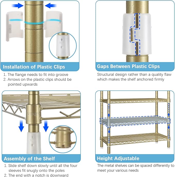 VIPEK R2 Plus Rolling Clothes Rack for Hanging Clothes Heavy Duty Garment Rack 3 Tiers Adjustable Wire Shelving Clothing Racks with Double Hanging Rods, Closet Organizers and Storage, Gold
