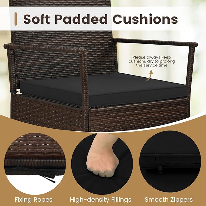 Tangkula 3 Pieces Rocking Wicker Bistro Set, Outdoor Front Porch Rocker Chairs Conversation Set with 2-Tier Tempered Glass Coffee Table and Thick Cushions for Garden, Balcony, Poolside (Black)