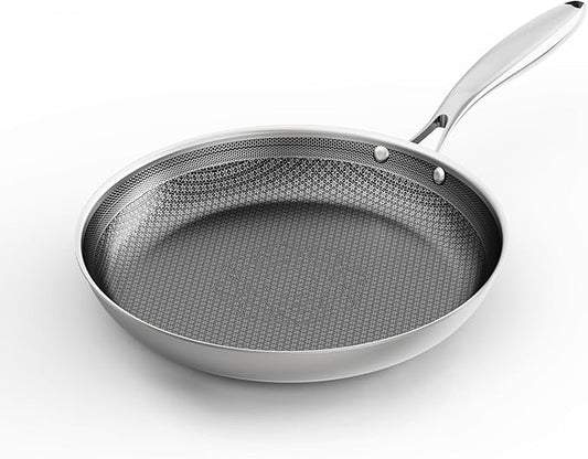 COOKING KING 12-Inch Stainless Steel Pan, Hybrid Nonstick Frying Pan, Skillet, 3-Ply Clad Cookware, Even Heat Distribution, Dishwasher & Oven Safe, with Stay-Cool Handle, Induction Compatible