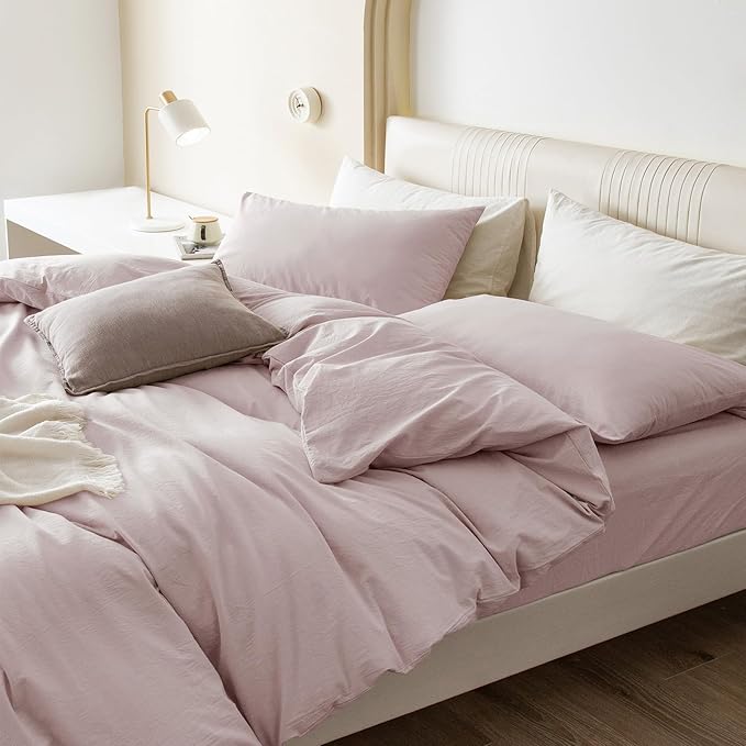 JIYUAN 100% Washed Cotton Duvet Cover Set 3 PCS Oversized King, 1 Duvet Cover 120"x98" (Comforter Not Included) and 2 Pillowcases,Linen Feel Bedding Set Comfy and Breathable, Heathered Greyish Pink