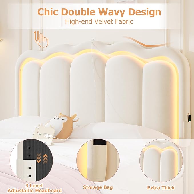 Full Upholstered LED Bed Frame with 2 Storage Drawers and Adjustable Chic Double Wavy Headboard, Velvet Princess Platform Bed with Charing Station, Solid Wood Slats Support,No Box Spring Needed,Beige