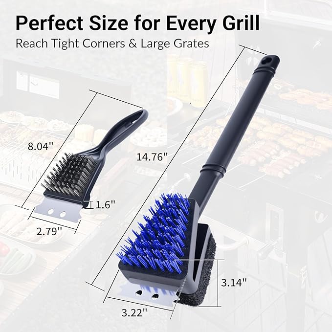Nylon Bristle Grill Brush for BBQ - Heavy Duty Grill Cleaning Kit with Scraper, Safe for All Grill Types - Non-Scratch Bristles & Long Plastic Handle - Outdoor Barbecue Brush and Accessories