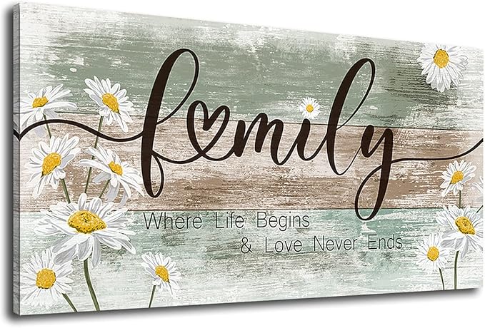 Canvas Wall Art Family Where Life Begins and Love Never Ends Inspirational Pictures Living Room Sign Wall Decor Rustic Farmhouse Motivational Canvas Prints Vintage Wooden Board Daisy Artwork 20 "x40 "