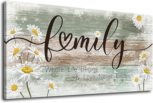 Canvas Wall Art Family Where Life Begins and Love Never Ends Inspirational Pictures Living Room Sign Wall Decor Rustic Farmhouse Motivational Canvas Prints Vintage Wooden Board Daisy Artwork 20 "x40 "