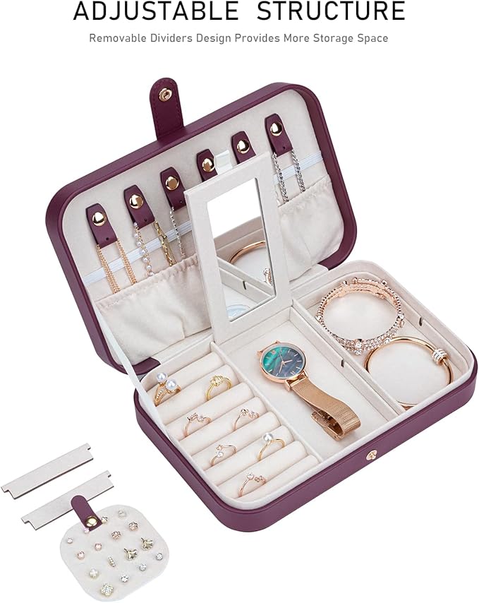 Jewelry Travel Organizer, Travel Jewelry Box Portable, Small Travel Jewelry Case with Mirror, PU Leather Small Jewelry Box for Women, Burgundy Red B