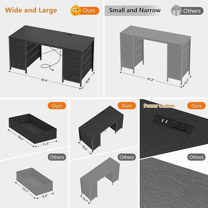 50 Inch Computer Desk with 8 Drawers, Home Office Desk with Power Outlets, Work Study Gaming Desk with 8 Fabric Drawers, Black