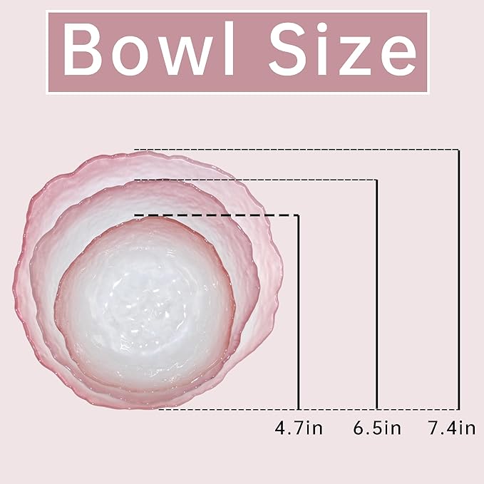Glass Salad Bowls Set 3 Irregular Shaped Mixing Bowls Ideal for Kitchen Prep of Fruit, Pasta, Popcorn & Snacks - Stylish and Functional Tableware Essential (Pink)