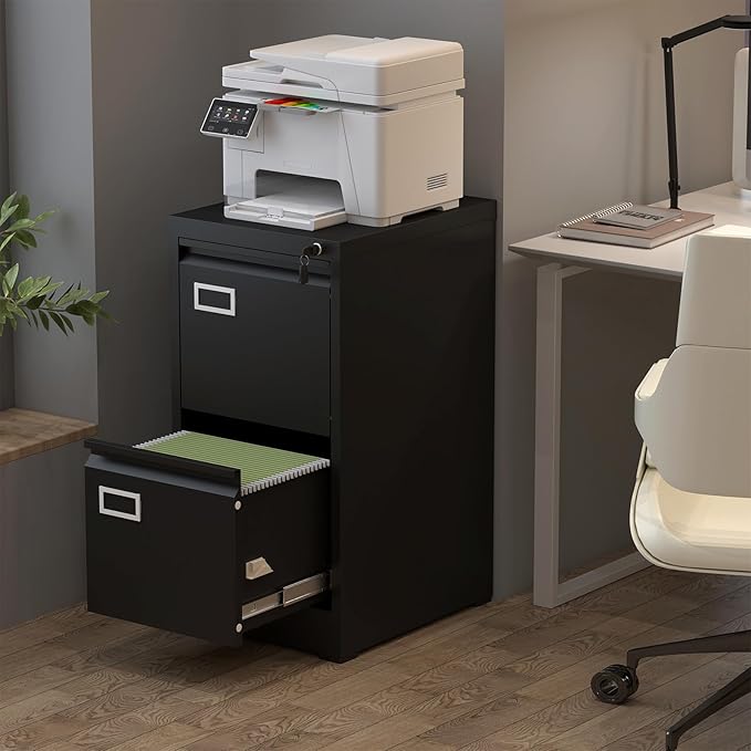 2 Drawer File Cabinet with Lock, Black Metal File Cabinets for Home Office, Under Desk Small Filing Cabinet, Vertical File Cabinet for A4/F4/Letter/Legal