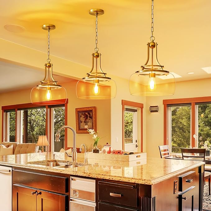 WUZUPS Chandelier Rustic Farmhouse Industrial Round Ceiling Pendant LED Light Fixture with Clear Glass Shades for Dining Room Kitchen Island Foyer Entryway, H 17" x W 13.4", E26 Base, Brushed Gold