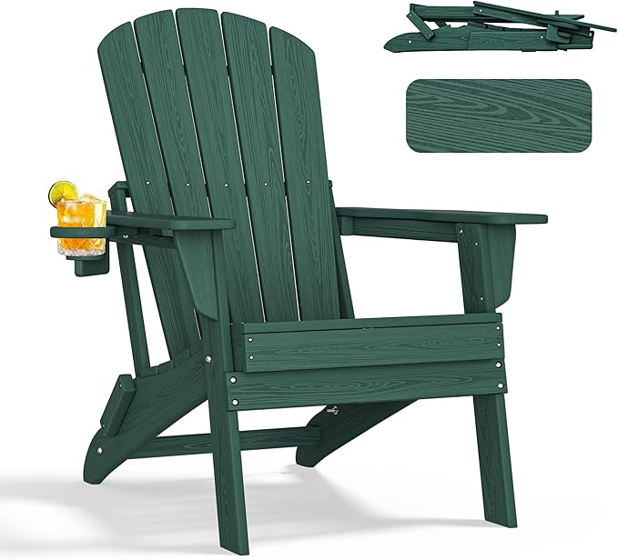 nevilywood Folding Adirondack Chair - Extended Ergonomic Backrest, Cup Holder - Easy Assembly - Durable HDPE Plastic, Weather Resistant & Maintenance-Free - Lawn, Patio, Deck Supports 380lbs,Green