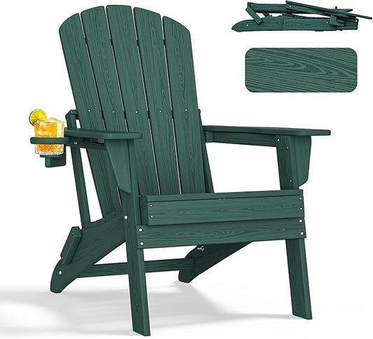 nevilywood Folding Adirondack Chair - Extended Ergonomic Backrest, Cup Holder - Easy Assembly - Durable HDPE Plastic, Weather Resistant & Maintenance-Free - Lawn, Patio, Deck Supports 380lbs,Green