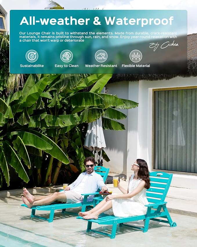 Lounge Chair Outdoor, Oversized Chaise Lounge Chair with 5 Positions, HDPE, Patio Lounge Chair with Wheels & Cup Holder for Pool, Deck, Poolside, Lake Blue