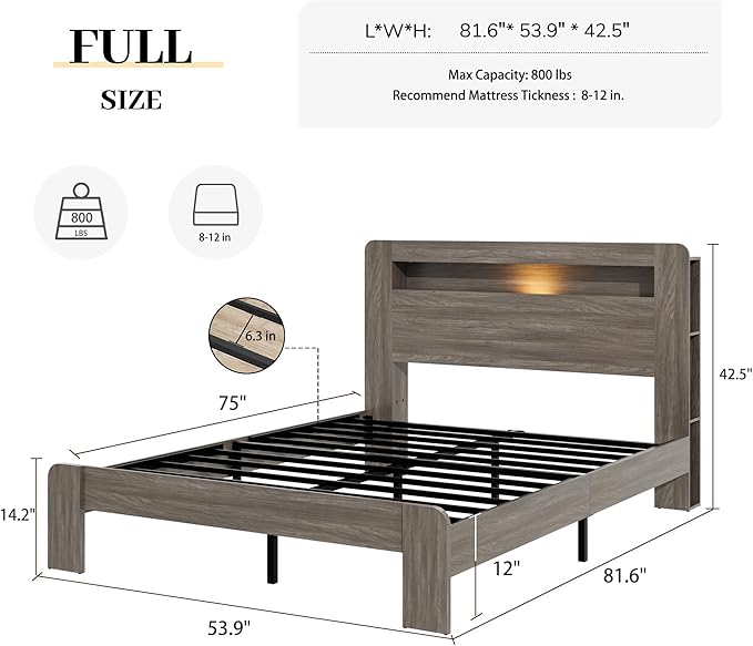 Full Size Wooden Bed Frame with Bookcace Storage Headboard, Rustic Farmhouse Bedframe with LED Lights and Charging Station, Sturdy and Stable, Slat Support, No Box Spring Required (Light Brown, Full)