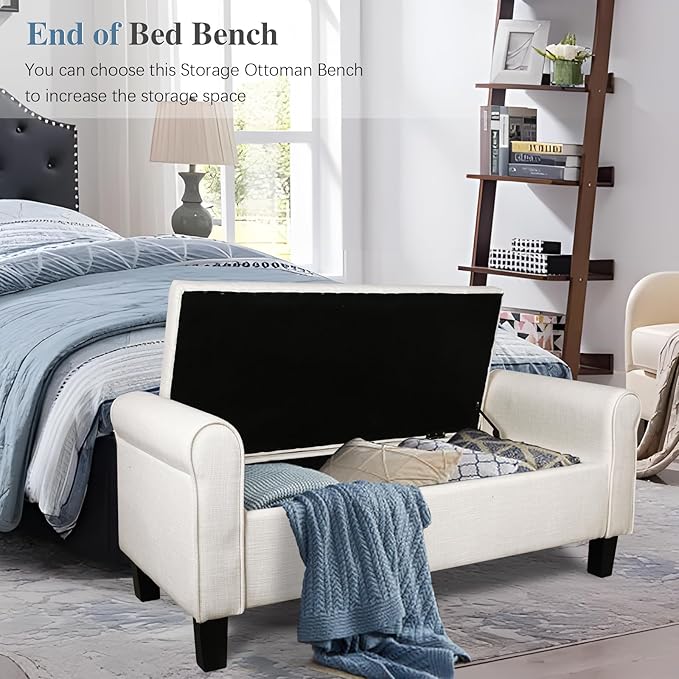 Storage Bedroom Bench for End of Bed, Upholstered Storage Ottoman with Rolled Arms for Bedroom,Living Room, Entryway.