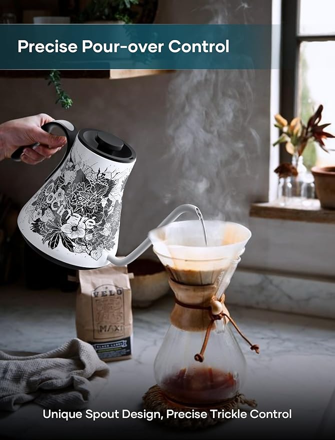 Cocinare FLOW M9 Gooseneck Electric Kettle with Precise ±1℉ Temperature Control for Pour-over Coffee and Tea, Stainless Steel Interior, Quick Heating Electric Kettle for Boiling Water (Blossom)