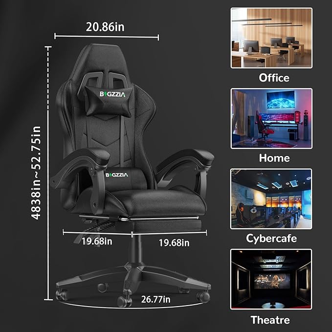 Gaming Chair with Footrest, High Back Ergonomic Computer Gamer Chair with Headrest and Lumbar Support, Racing Style Reclining Game Chair for Adults, Kids (Black)