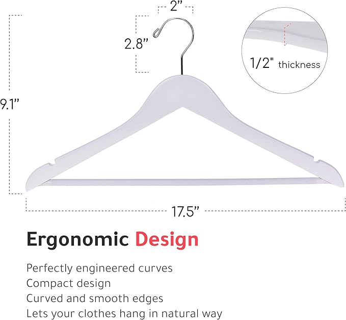 Quality Wooden Suit Hangers with Non Slip Pants Bar, 20 Pack, Smooth Finish Solid Wood Coat Hanger with Swivel Hook, Jacket, Pant, Dress Clothes Hangers (White, 20)
