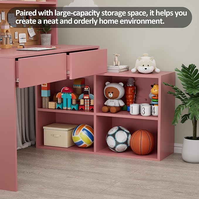 Pink Kids Desk and Chair Set, Kids Study Table and Chair Set with 2 Drawers & 4 Cabinets, Kids Study Desk with Removable Large Storage Cabinet,Girls Study Desk for Kid for Bedroom-vDkR36