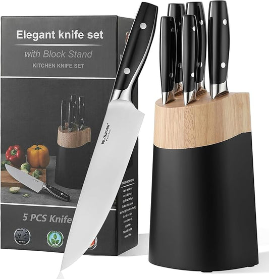 6-Piece Knife Block Sets，Stainless Steel Kitchen Knife Set with Block – High Carbon Black Knives, Dishwasher Safe，Holiday Gift