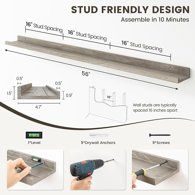 Picture Ledge Shelf, 56 Inch Elm Wood Floating Shelves for Wall, Nursery Bookshelf for Storage with Lip, Photo & Picture Ledge Shelves for Bedroom, Living Room, Kitchen (Grey, 56in Set of 2)