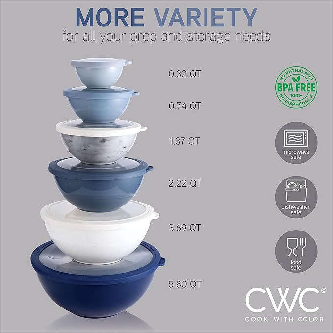 COOK WITH COLOR Mixing Bowls with TPR Lids - 12 Piece Plastic Nesting Bowls Set includes 6 Prep Bowls and 6 Lids, Microwave Safe Mixing Bowl Set (Blue and White)
