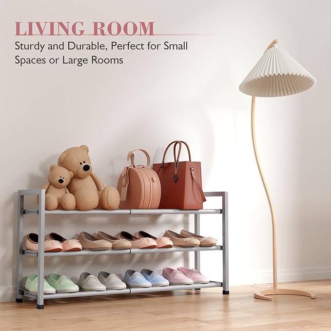 Bumusty 3-Tier Expandable Shoe Rack for Closet, 18“-33” Adjustable Shoe Rack for Small Space, Small Shoe Organizer for Front Door, Sturdy Metal, Light Grey