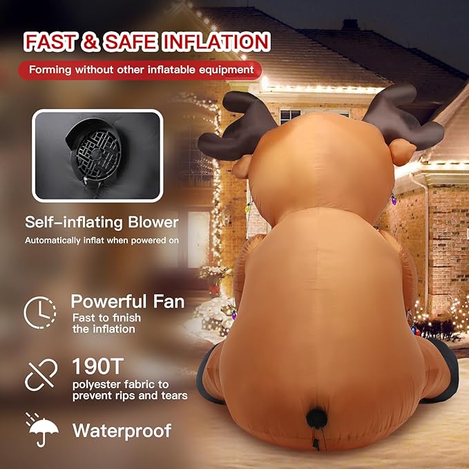 8 FT Christmas Inflatable Outdoor Decorations, Giant String Lights Reindeer Blow up Yard Decor with Red Gift Box, 26 LED Lights Xmas Holiday Decorations for Outside Lawn Garden Indoor