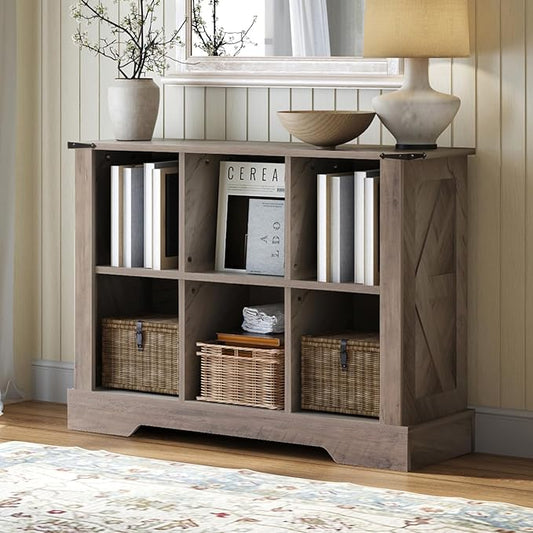 6 Cube Storage Organizer, 2 Tier Bookshelf for Living Room, Farmhouse Bookcase with Led, Kids Toy Storage Cabinet, Wall Cubby Shelves for Home Decor, Wood Display Cabinet for Bedroom, Grey