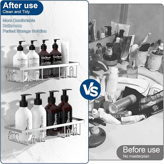 2025 New Adhesive Shower Caddy, Shower Shelves with 16 Hooks, Silvery 2 Pack