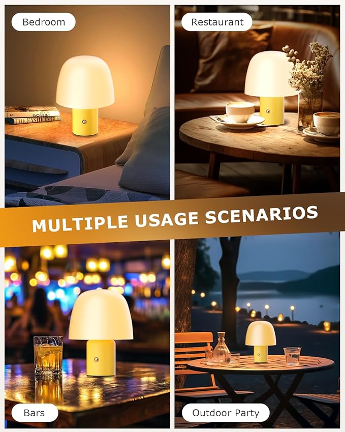 Portable LED Table Lamp, Cordless Desk Lamp Rechargeable, 3-Color Touch Stepless Dimming Night Light for Bedroom/Children's Room/Terrace/Dining Room/Cafe (Yellow)