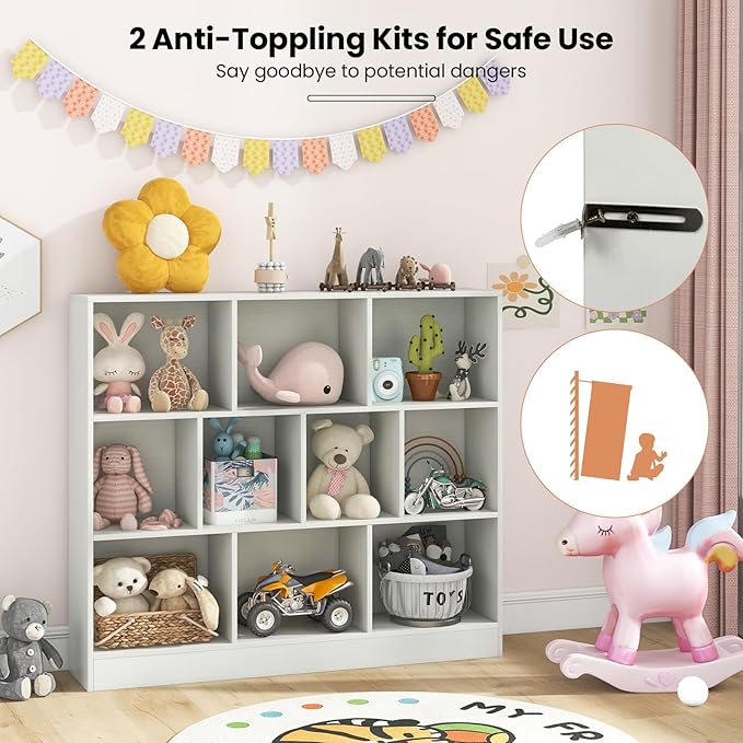 Costzon Wooden Toy Storage Organizer, 10-Cube Kids Bookshelf w/ 2 Anti-Toppling Kits, 3 Tier Open Shelves & Non-Slip Foot Pads, Book Shelf for Kids Rooms, Playroom, Classroom, Nursery (White)