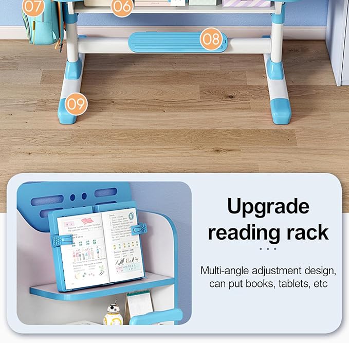 Kids Desk and Chair Set, Height Adjustable Kids Study Table and Chair Set, Children School Desk with Storage Drawer and Book Stand, Ergonomic Child Toddler Deskwith Sitting Posture Corrector (Blue 3)
