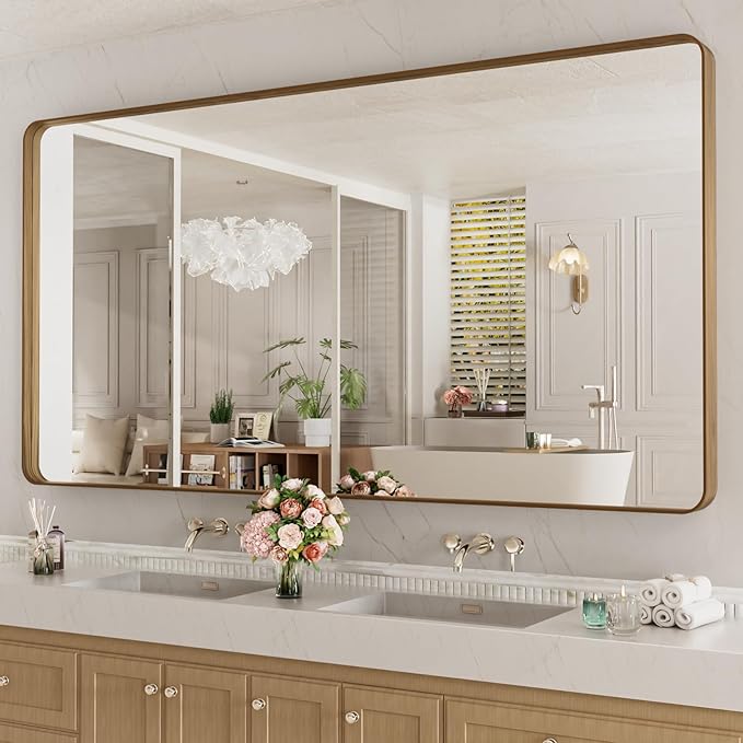 LOAAO 72X32 Inch Bathroom Mirror with Wood Grain Colored Metal Frame, Rounded Rectangle Metal Framed Bathroom Mirror, Anti-Rust, Hangs Horizontally or Vertically, Tempered Glass