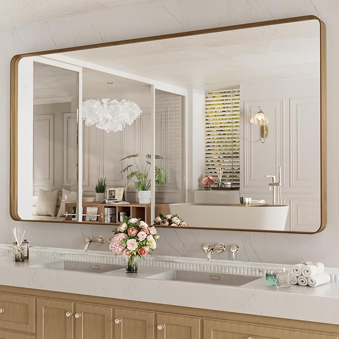 LOAAO 72X40 Inch Bathroom Mirror with Wood Grain Colored Metal Frame, Rounded Rectangle Metal Framed Bathroom Mirror, Anti-Rust, Hangs Horizontally or Vertically, Tempered Glass