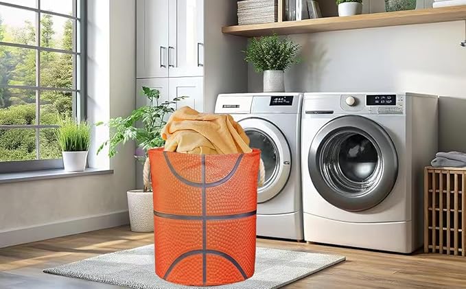 Basketball Texture Laundry Basket for Boys Room Decor, Kids Nursery Hamper for Teen Boy Girl Ball Gift 17.7x13.7 Inch Storage Bucket