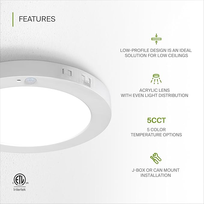 ASD LED 9" Round Flush Mount Ceiling Light Fixture, Low Profile Surface Lighting | 5CCT, Motion Sensored, Ultra-Thin, ETL Listed | 15W 1300LM 2700-6000K 120V | Kitchen, Bedroom, Hallway Lamp | White
