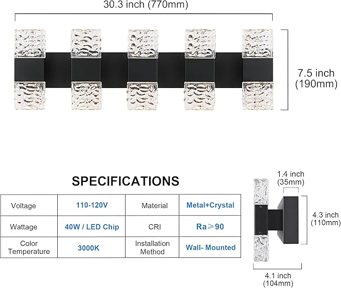 MELUCEE 30.3 in LED Bathroom Lighting Fixtures Over Mirror LED Vanity Light Black Modern Bathroom Light Bar 40W Crystal Wall Light Fixtures, 3000K Warm Lighting, Built-in Led Chips
