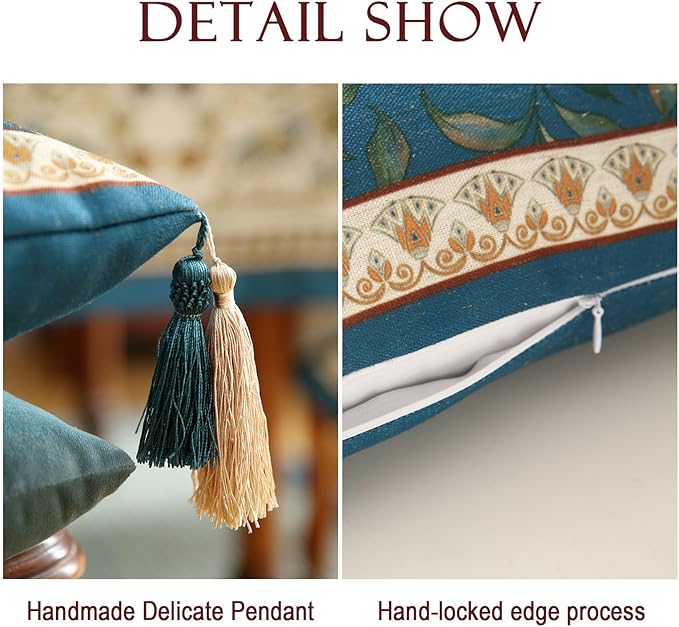 patdrea Designer Square Throw Pillow Covers Set of 2,French Floral Blue Farmhouse Linen Vine Branch Pattern Pillow Cover,Decorative Pillowcases Cushion for Bed Living Room Outdoor Car,18"x18"