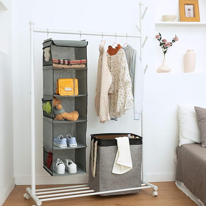 5 Shelves Hanging Closet Organizer, 2 Pack Hanging Storage with 6 Side Pockets for Clothes Bags, 43"x12"x12"(Gray)
