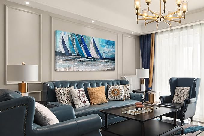 Arjun Blue Abstract Wall Art Canvas Teal Ocean Sailboat Picture Modern Turquoise Coastal Nautical Painting Large 40"x20" Framed Textured Artwork for Living Room Bedroom Bathroom Home Office Wall Decor