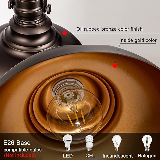 Industrial Pendant Light Fixture, Farmhouse Decor Adjustable Metal Hanging Lamp, Vintage Pendant Lighting for Kitchen Restaurant Dining Room Cafe, E26 Base Black 1 Pack