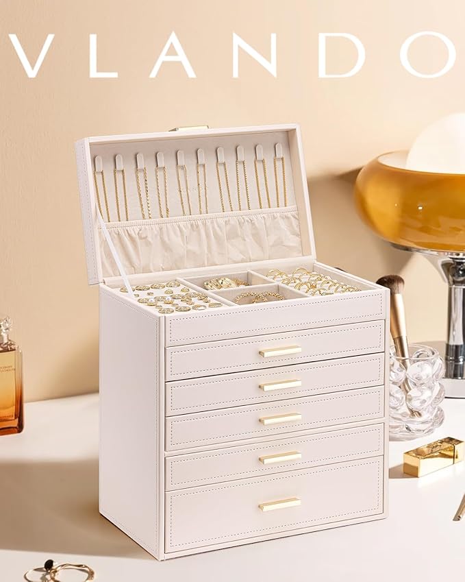 Vlando 6 Layer Large Jewelry Box - Jewelry Holder Organizer, Jewelry Box Organizer for Drawer Necklace Ring Bracelet and Watch, Birthday Gift for Loved Ones - Pink