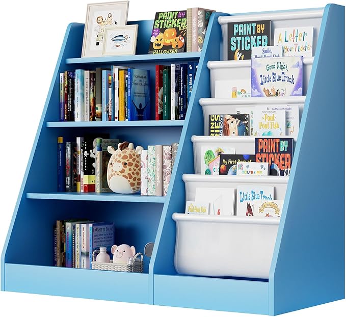 Blue 4 Tier Kids Wooden Bookshelf,Five Layer Sling Bookcase,Baby Storage Book Rack,Child Book and Toy Organizer Cabinet Chest,Toddler Book Display Playroom Kids Room Bedroom Classroom Nursery Library