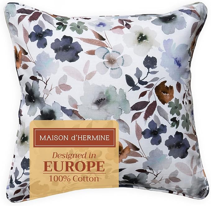 Maison d' Hermine Decorative Pillow Covers 18 x 18 Inch Square 100% Cotton Throw Pillow Covers with Invisible Zipper Cushion Case for Living Room Couch, Chair, Sofas, Bedroom, Home (Blossom - Flora)