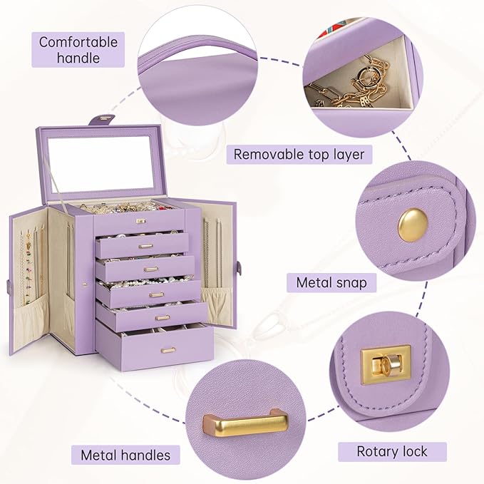 AKOZLIN Extra Large 6-Tier Jewelry Box Organizer Functional Huge, 5 Drawers Leather Jewelry Storage Case for Women Girls Ring Necklace Earring Bracelet Holder Organizer with Mirror Violet